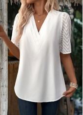 White tops,Plain Color tops,ROTITA Patchwork White V Neck Half Sleeve Blouse
