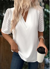 White tops,Plain Color tops,ROTITA Patchwork White V Neck Half Sleeve Blouse