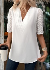 White tops,Plain Color tops,ROTITA Patchwork White V Neck Half Sleeve Blouse