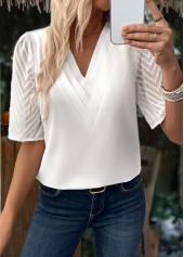 White tops,Plain Color tops,ROTITA Patchwork White V Neck Half Sleeve Blouse