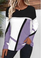 Light Purple plus size,White plus size,Geometric plus size,Striped plus size,ROTITA Plus Size Patchwork Light Purple Geometric Print T Shirt