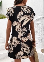 Black dresses,Plants dresses,Vacation dresses,Vacation dresses,Tummy Coverage Tropical Plants Print Black Short Dress