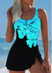 ROTITA Tie Cyan Floral Print One Piece Swimdress