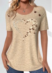 ROTITA Button Butterfly Print Light Camel Round Neck T Shirt