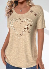 Light Camel tops,Animal Print tops,Heart tops,Leopard tops,ROTITA Button Butterfly Print Light Camel Round Neck T Shirt