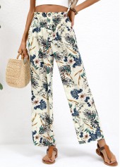 Beige bottoms,Plants bottoms,Plants Print Beige Straight Leg Elastic Waist Pants