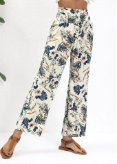 Beige bottoms,Plants bottoms,Plants Print Beige Straight Leg Elastic Waist Pants