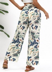 Beige bottoms,Plants bottoms,Plants Print Beige Straight Leg Elastic Waist Pants