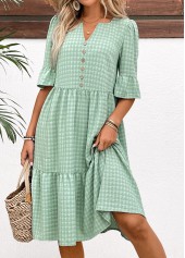 Light Green dresses,Plain Color dresses,Everyday dresses,Casual dresses,ROTITA Button Light Green A Line Split Neck Dress