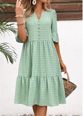 Light Green dresses,Plain Color dresses,Everyday dresses,Casual dresses,ROTITA Button Light Green A Line Split Neck Dress