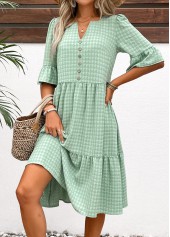 Light Green dresses,Plain Color dresses,Everyday dresses,Casual dresses,ROTITA Button Light Green A Line Split Neck Dress