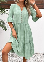 Light Green dresses,Plain Color dresses,Everyday dresses,Casual dresses,ROTITA Button Light Green A Line Split Neck Dress