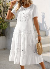 White dresses,Plain Color dresses,Vacation dresses,Vacation dresses,ROTITA Embroidery White Round Neck Short Sleeve Dress