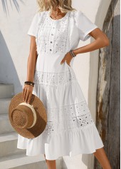 White dresses,Plain Color dresses,Vacation dresses,Vacation dresses,ROTITA Embroidery White Round Neck Short Sleeve Dress