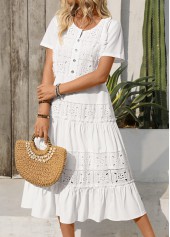 White dresses,Plain Color dresses,Vacation dresses,Vacation dresses,ROTITA Embroidery White Round Neck Short Sleeve Dress
