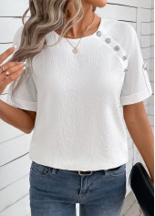 Bleaching White tops,Plain Color tops,ROTITA Button Bleaching White Round Neck Short Sleeve Blouse