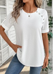 ROTITA Button Bleaching White Round Neck Short Sleeve Blouse