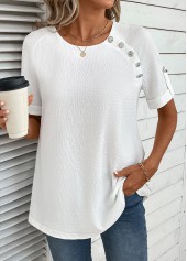 Bleaching White tops,Plain Color tops,ROTITA Button Bleaching White Round Neck Short Sleeve Blouse