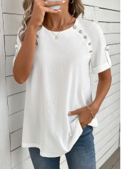 Bleaching White tops,Plain Color tops,ROTITA Button Bleaching White Round Neck Short Sleeve Blouse