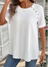 Bleaching White tops,Plain Color tops,ROTITA Button Bleaching White Round Neck Short Sleeve Blouse