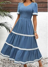 Dusty Blue dresses,Plain Color dresses,Everyday dresses,Casual dresses,ROTITA Embroidery Dusty Blue V Neck Short Sleeve Dress