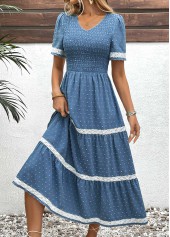 Dusty Blue dresses,Plain Color dresses,Everyday dresses,Casual dresses,ROTITA Embroidery Dusty Blue V Neck Short Sleeve Dress