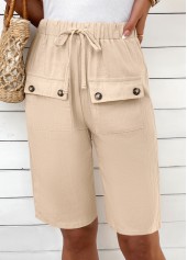 Light Camel bottoms,Plain Color bottoms,Lace Up Light Camel Elastic Waist High Waisted Shorts