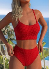 Red swimwear,Plain Color swimwear,ROTITA Jacquard Design Red Scoop Neck Bikini Set