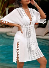 White swimwear,Plain Color swimwear,ROTITA Embroidery White Half Sleeve Cover Up