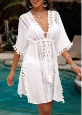 White swimwear,Plain Color swimwear,ROTITA Embroidery White Half Sleeve Cover Up