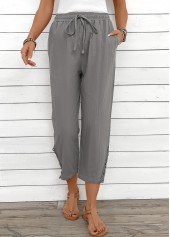 Light Grey bottoms,Plain Color bottoms,Drawstring Light Grey Straight Leg Elastic Waist Pants