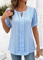 Light Blue tops,Plain Color tops,ROTITA Lace Light Blue Split Neck Short Sleeve Blouse