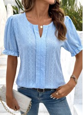 Light Blue tops,Plain Color tops,ROTITA Lace Light Blue Split Neck Short Sleeve Blouse