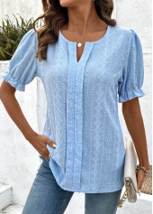 Light Blue tops,Plain Color tops,ROTITA Lace Light Blue Split Neck Short Sleeve Blouse