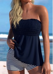 Navy swimwear,Striped swimwear,Geometric swimwear,ROTITA Smocked Navy Striped Bandeau Tankini Set