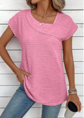 Pink tops,Plain Color tops,ROTITA Jacquard Pink Asymmetrical Neck Short Sleeve T Shirt