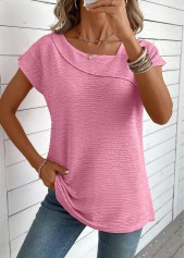 Pink tops,Plain Color tops,ROTITA Jacquard Pink Asymmetrical Neck Short Sleeve T Shirt