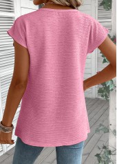 Pink tops,Plain Color tops,ROTITA Jacquard Pink Asymmetrical Neck Short Sleeve T Shirt