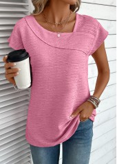 Pink tops,Plain Color tops,ROTITA Jacquard Pink Asymmetrical Neck Short Sleeve T Shirt