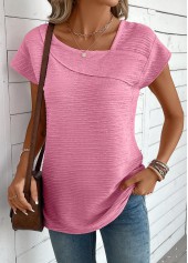 Pink tops,Plain Color tops,ROTITA Jacquard Pink Asymmetrical Neck Short Sleeve T Shirt