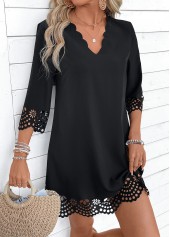 Black dresses,Plain Color dresses,Everyday dresses,Casual dresses,ROTITA Black A Line V Neck 3/4 Sleeve Dress