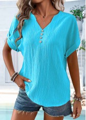 T-shirt à manches courtes et col fendu bleu à boutons Rotita