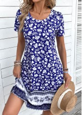 Blaues A-Linien-Kleid mit Rundhalsausschnitt und Patchwork-Tribal-Print von Rotita