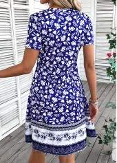 Blue dresses,Tribal dresses,Everyday dresses,Casual dresses,ROTITA Patchwork Tribal Print Blue A Line Scoop Neck Dress