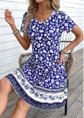 Blue dresses,Tribal dresses,Everyday dresses,Casual dresses,ROTITA Patchwork Tribal Print Blue A Line Scoop Neck Dress