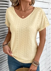 Ginger tops,Plain Color tops,ROTITA Embroidery Ginger V Neck Short Sleeve T Shirt