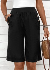 Black bottoms,Plain Color bottoms,Button Black Elastic Waist High Waisted Shorts