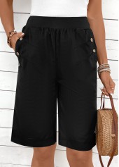 Black bottoms,Plain Color bottoms,Button Black Elastic Waist High Waisted Shorts