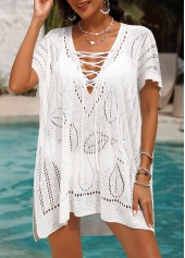 White swimwear,Plain Color swimwear,White Lace Up V Neck Cover Up