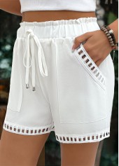 White bottoms,Plain Color bottoms,Drawstring White Elastic Waist High Waisted Shorts
